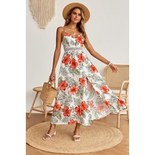 Kadın Ip Askılı Bel Dantel Kırmızı Çiçek Desenli Yırtmaçlı Maksi Elbise (Büyük Beden Mevcuttur)