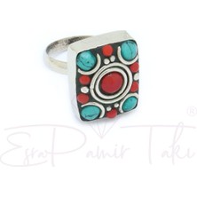 Turkuaz  ve Mercan Taşlı Gümüş Renk El Yapımı Otantik Nepal Yüzük