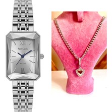 Ferrucci Dikdörtgen Kristal Kasa Kadın Kol Saati+Çelik Kolye Hediye Seti