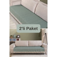 Yeşil Pamuklu 2'li Koltuk Örtüsü 115X200 Önden Saçaklı Çizgili Desenli