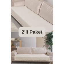Ekru Pamuklu 2'li Koltuk Örtüsü 115X200 Önden Saçaklı Çizgili Desenli