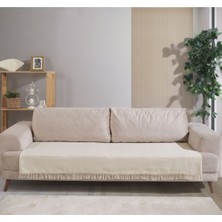 Ekru Pamuklu 2'li Koltuk Örtüsü 115X200 Önden Saçaklı Çizgili Desenli