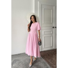 AYDOGANTICARET44 Pembe Arkadan Bağlamalı Büzgülü Keten Elbise