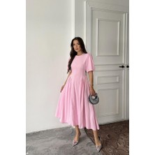 AYDOGANTICARET44 Pembe Arkadan Bağlamalı Büzgülü Keten Elbise