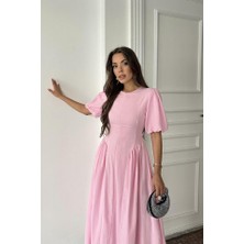 AYDOGANTICARET44 Pembe Arkadan Bağlamalı Büzgülü Keten Elbise