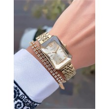 Ferrucci Dikdiörtgen Kesme Camlı Çelik Kadın Kol Saati+Bileklik Hediye