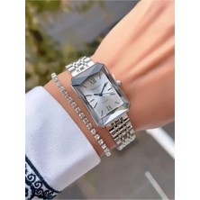 Ferrucci Dikdiörtgen Kesme Camlı Çelik Kadın Kol Saati+Bileklik Hediye