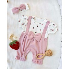 Kız Bebek Çilek Baskılı Fiyonklu Yazlık Tulum Pembe