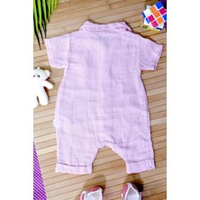 Düğmeli Kısa Kollu Müslin Tulum Pembe