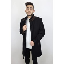 Marco Muratti Fistan Store Erkek Siyah Hakim Yaka Italyan Kesim Dar Kalıp Yünlü Düğme Kapamalı Kışlık Kaşmir Kaban