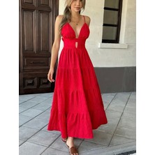 Şık Kırmızı V Yaka Askılı Maxi Elbise
