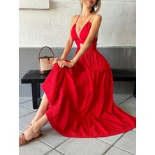 Şık Kırmızı V Yaka Askılı Maxi Elbise
