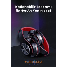 Teknoloji Gelsin Kablosuz Kulaklık Bluetooth Mikrofonlu Kulaküstü Kulaklık LED Işıklı Katlanabilir Siyah-Kırmızı
