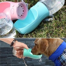 Taşınabilir Kedi Köpek Suluğu Seyahat Su Şişesi Kaseli Emniyetli Sızdırmaz Kutulu 350ml Turkuaz