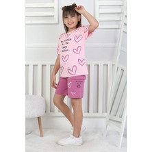 Isob Pembe Kalp Desenli %100 Pamuk Kız Çocuk Kısa Kollu 2ip Şortlu Takım 3-8 Yaş 33105-P