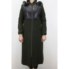 Aysema Fistan Store Bayan Haki Yeşil Dar Kesim Uzun Deri Garnili Kapüşonlu Kışlık Kaşe Kaban