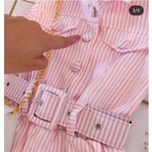 Kız Çocuk Şık Yazlık Tulum I Pembe Çizgili, Kemerli ve Aksesuarlarıyla I Kız Çocuk Takım
