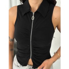 Defy Moda Yakalı Tam Fermuarlı Kolsuz Bluz - Siyah