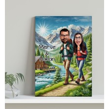 Bk Gift Kişiye Özel Doğa Yürüyüşü Karikatürlü Kanvas Tablo-1 (30X50), Sevgiliye Hediye, Sevgililer Günü Hediyesi