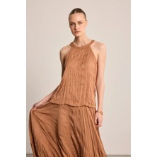 Gusto Halter Yaka Krinkıl Bluz - Kahverengi