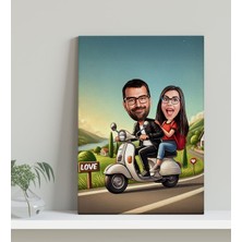 Bk Gift Kişiye Özel Motorcu Çift Karikatürlü Kanvas Tablo-1 (30X50), Sevgiliye Hediye, Sevgililer Günü Hediyesi