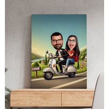 Bk Gift Kişiye Özel Motorcu Çift Karikatürlü Kanvas Tablo-1 (50X70), Sevgiliye Hediye, Sevgililer Günü Hediyesi