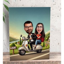 Bk Gift Kişiye Özel Motorcu Çift Karikatürlü Kanvas Tablo-1 (15X20), Sevgiliye Hediye, Sevgililer Günü Hediyesi