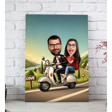 Bk Gift Kişiye Özel Motorcu Çift Karikatürlü Kanvas Tablo-1 (20X30), Sevgiliye Hediye, Sevgililer Günü Hediyesi