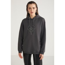 Grimelange Shara Kadın Kapüşonlu Taş Işlemeli Antrasit Sweatshirt