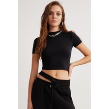 Grimelange Nıara Kadın Pamuk Elastan Bisiklet Yaka Kısa Kollu Slim Fit Crop Siyah Büstiyer