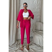 Kadın Fuşya Pembe Kimono Alt Üst Havuç Pantolon Takım