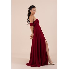 Berissima Bride Lotus Drapeli Düşük Kol Şifon Abiye Elbise