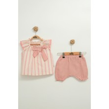 Mini Baray Müslin Fiyonklu Şortlu Çizgili Kız 2 Li Takım