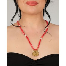 Kırmızı Mercan & Inci Boncuklu Bronz Sand Dollar Kolye