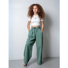 Kız Çocuk Kemerli Geniş Paça Gabardin Pantolon