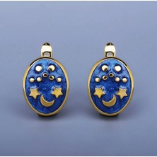 Takıtolia Glaze Sky El Yapımı Emaye 925 Ayar Gümüş Altın Kaplı Hediye Özel Tasarım Ay Yıldız Etnik Küpe