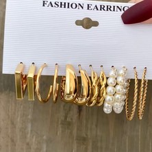 Takıtolia Ivory Inci Köşeli Kare ve Altın Gold Halkalı Şık 6'lı Çoklu Küpe Seti