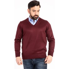 Erkek Bordo Ince Yün Triko V Yaka Triko Kazak