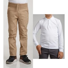Unisex Çocuk Ribana Bel Keten Bej Okul Pantolonu + Polo Yaka Uzun Kol T-Shirt