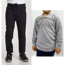 Unisex Çocuk Ribana Bel Keten Lacivert Okul Pantolonu + Polo Yaka Uzun Kol T-Shirt