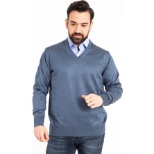 Erkek Indigo V Yaka Triko Kazak