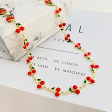 Kiraz Kolye Mineli Yaz Kolyesi Kararmaz Çelik Gold 45cm