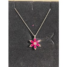 Koyu Pembe Taşlı Lotus Çiçeği Kolye