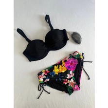 Kadın Siyah Taş Işlemeli Çiçek Desenli Bikini Takım HZL25S-LC3368
