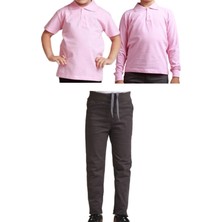 Unisex Çocuk Ribana Bel Keten Okul Pantolonu + Polo Yaka Kısa ve Uzun Kol T-Shirt