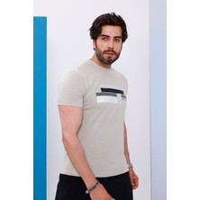 Erkek Bej Bisiklet Yaka Baskılı T-Shirt - 170