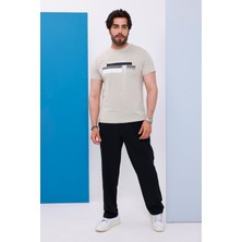 Erkek Bej Bisiklet Yaka Baskılı T-Shirt - 170