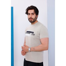 Erkek Bej Bisiklet Yaka Baskılı T-Shirt - 170