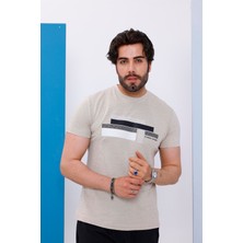 Erkek Bej Bisiklet Yaka Baskılı T-Shirt - 170