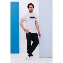 Erkek Beyaz Bisiklet Yaka Baskılı T-Shirt - 170